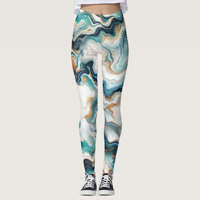 Teal Blue Gold White Modern Marble Agate Wedding Leggings (Front)
