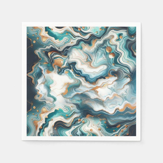 Teal Blue Gold White Modern Marble Agate Wedding Napkin (Front)