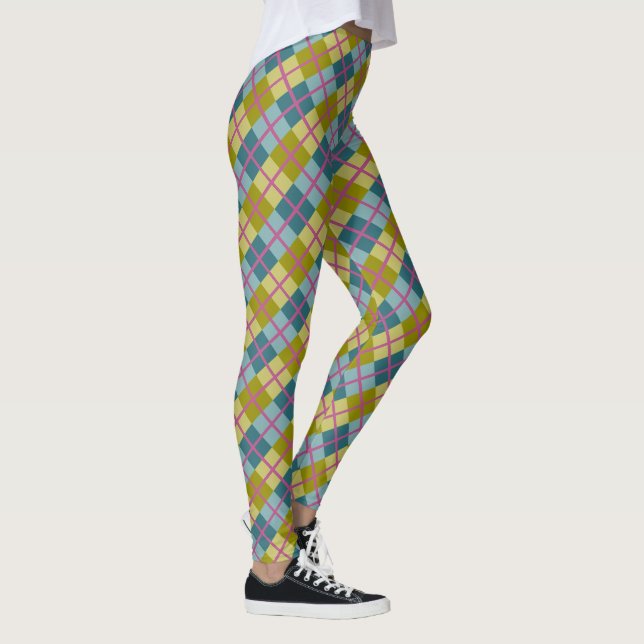 Teal Blue Gold Yellow Magenta Pattern Leggings (Right)