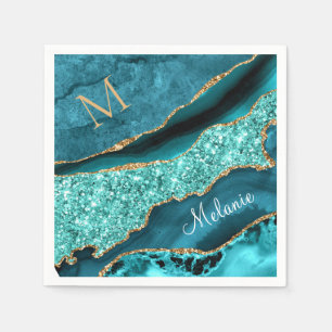 Teal Blue Gold Your Letter Name Turquoise Napkins