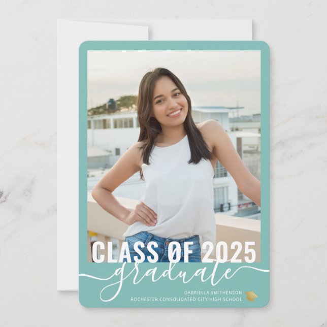 Teal Blue Graduation Photo Open House Invitation (Front)