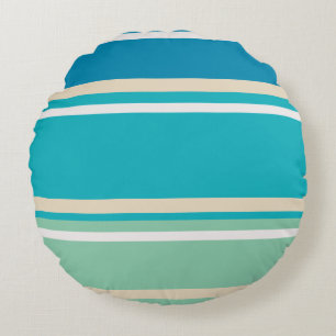 Teal Blue, green and Turquoise Stripes Round Cushion