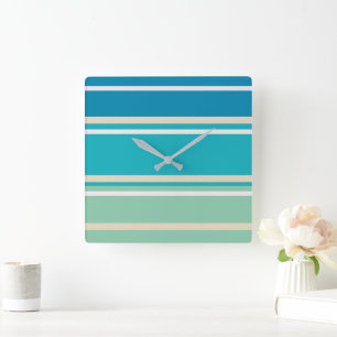 Teal Blue, green and Turquoise Stripes Square Wall Clock