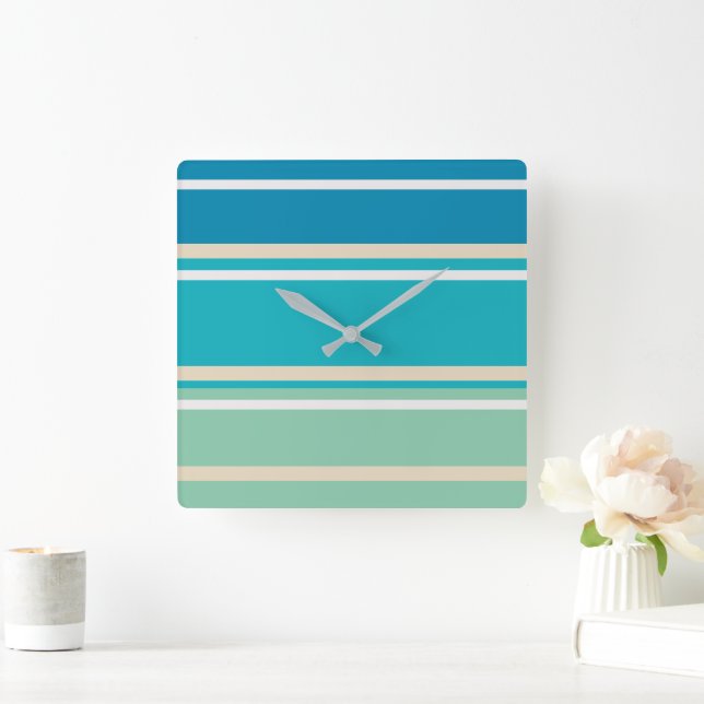 Teal Blue, green and Turquoise Stripes   Square Wall Clock (Home)
