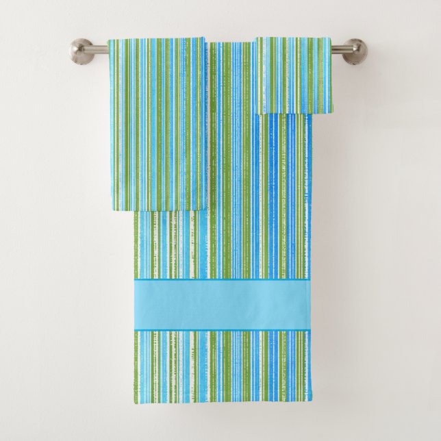 Teal, Blue, Green, and White Stripe Pattern Bath Towel Set (Insitu)