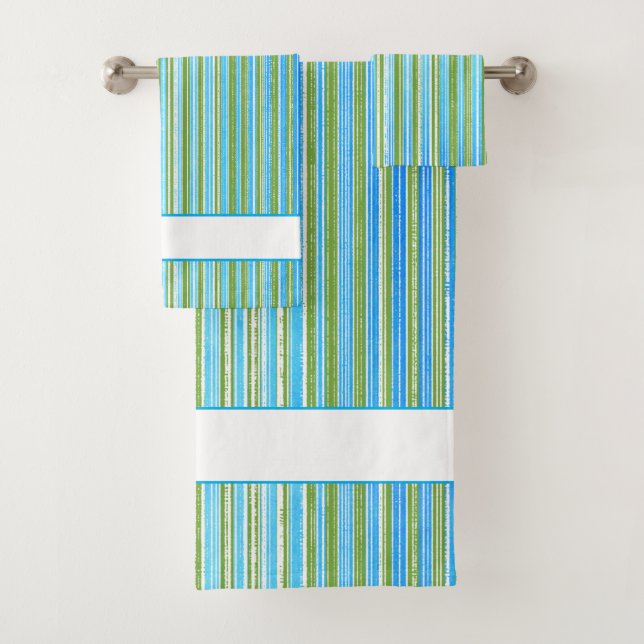 Teal, Blue, Green, and White Stripes Bath Towel Set (Insitu)