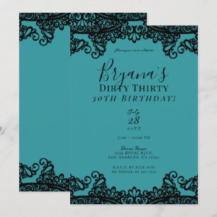 Teal Blue Green Black Lace Dirty 30 30th Birthday  Invitation