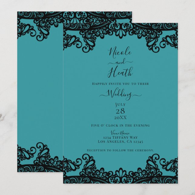 Teal Blue Green & Black Lace Elegant Wedding     Invitation (Front/Back)