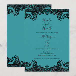 Teal Blue Green & Black Lace Elegant Wedding     Invitation