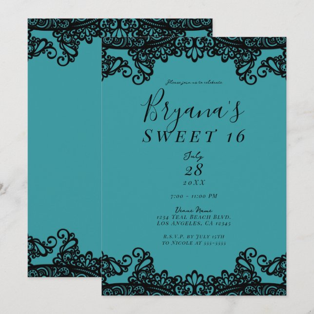 Teal Blue Green Black Lace Sweet 16 Party  Invitation (Front/Back)