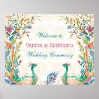 Teal blue green cerise floral peacock welcome
