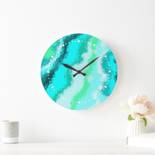 Teal Blue Green Expressive Painterly Pattern Large Clock
