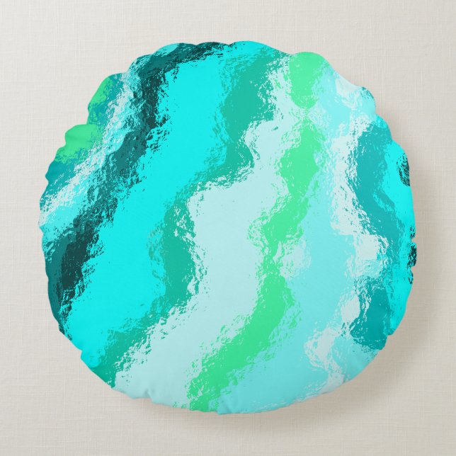 Teal Blue Green Expressive Painterly Pattern Round Cushion (Front)