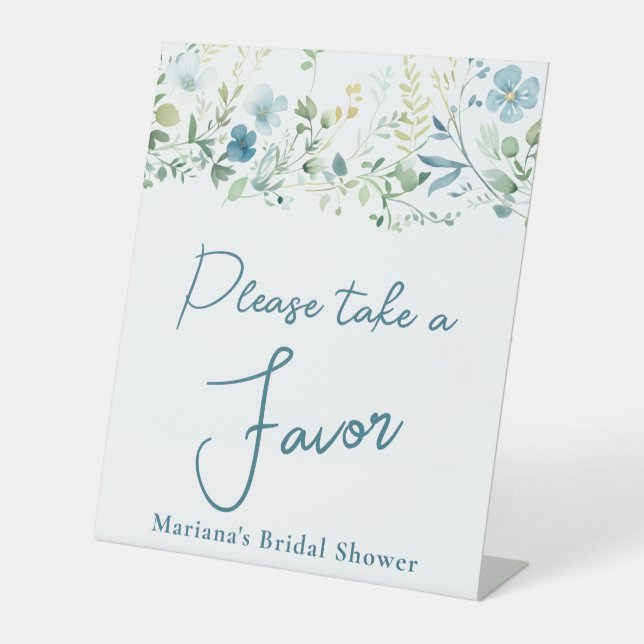 Teal Blue Green Floral Bridal Shower Favor Pedestal Sign (Front)