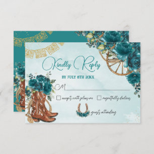 Teal Blue Green Floral Charro Quinceañera Reply RSVP Card