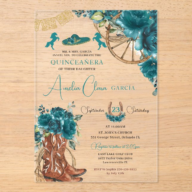 Teal Blue Green Floral Charro Western Quinceanera  Acrylic Invitations (Front)