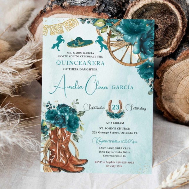 Teal Blue Green Floral Charro Western Quinceanera  Invitation (Creator Uploaded)
