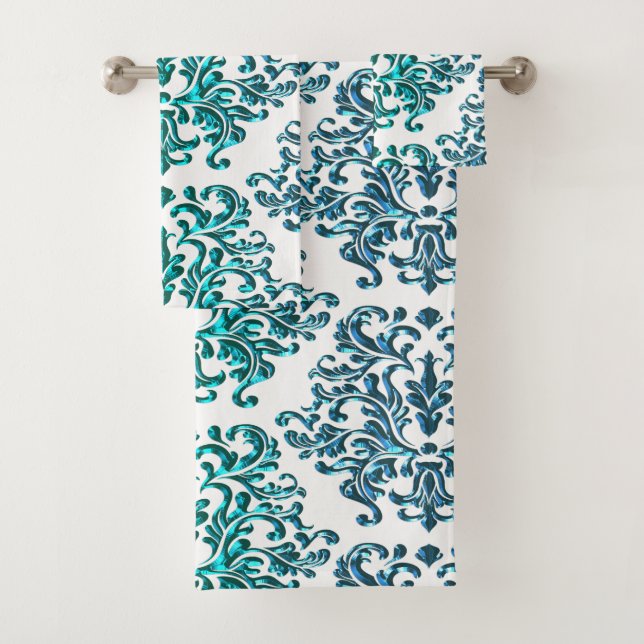 Teal Blue Green Floral Damask on White Towel Set (Insitu)
