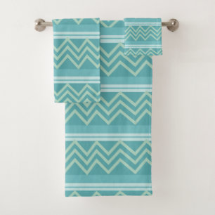 Teal Blue Green Geometric Chevron Zigzag Pattern Bath Towel Set