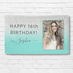 Teal Blue Green Glitter Birthday Party Banner