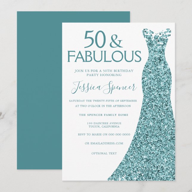 Teal Blue Green Glitter Dress 50th Birthday Party Invitation (Front/Back)