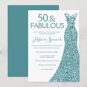 Teal Blue Green Glitter Dress 50th Birthday Party Invitation