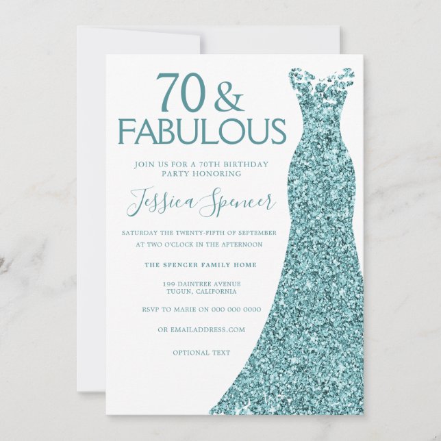 Teal Blue Green Glitter Dress 70th Birthday Party Invitation (Front)