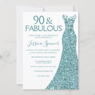 Teal Blue Green Glitter Dress 90th Birthday Party Invitation