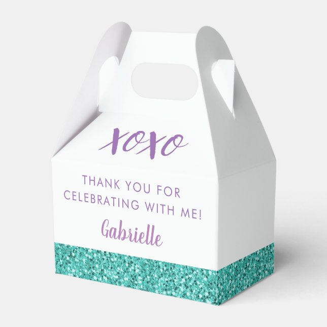 Teal Blue Green Glitter Modern Birthday Mitzvah Favour Box (Front Side)