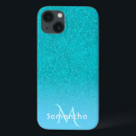 Teal blue green glitter monogram name iPhone 13 case<br><div class="desc">Teal,  blue green faux glitter gradient.  Template for your name and monogram letter.  White and teal coloured letters.</div>