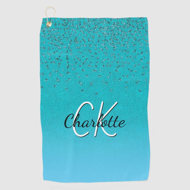 Teal blue green glitter monogram name golf towel (Front)