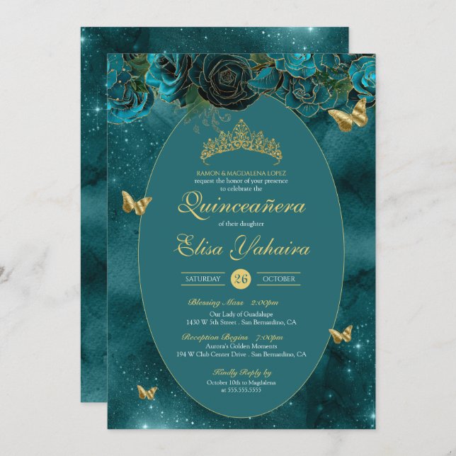 Teal Blue Green Gold Luxury Butterfly Quinceanera Invitation (Front/Back)
