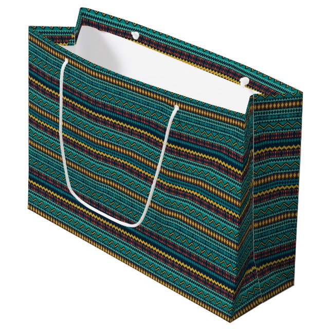 TEAL BLUE GREEN GOLD TRIBAL PATTERNS LARGE GIFT BAG (Front Angled)