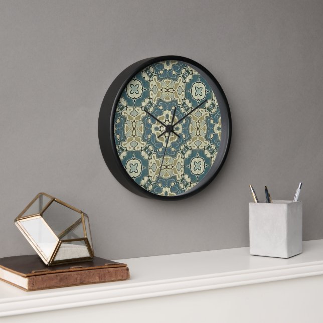Teal Blue Green Grey Ochre Hip Bohemian Bali Art Clock (Office)