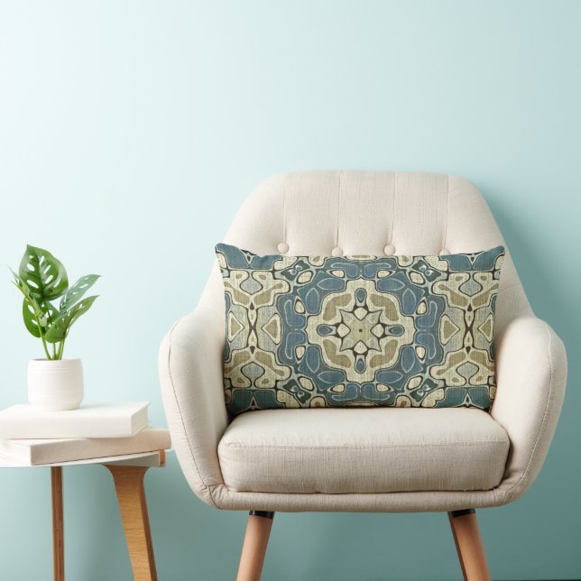 Teal Blue Green Grey Ochre Hip Bohemian Bali Art Lumbar Cushion (Chair)