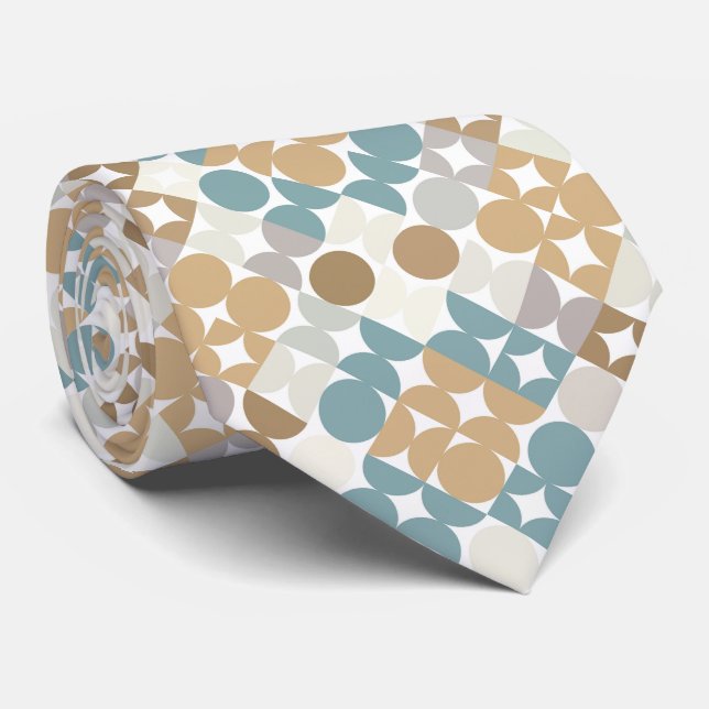 Teal Blue Green Grey Taupe Beige Art Pattern Tie (Rolled)