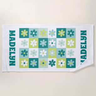 Teal Blue Green Groovy Daisy Chequerboard Beach Towel