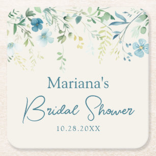 Teal Blue Green Ivory Floral Square Paper Coaster