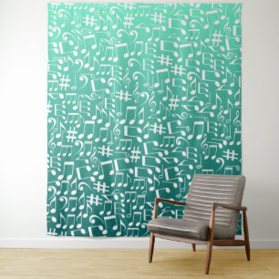Teal Blue Green Light to Dark Shades Music Notes Tapestry