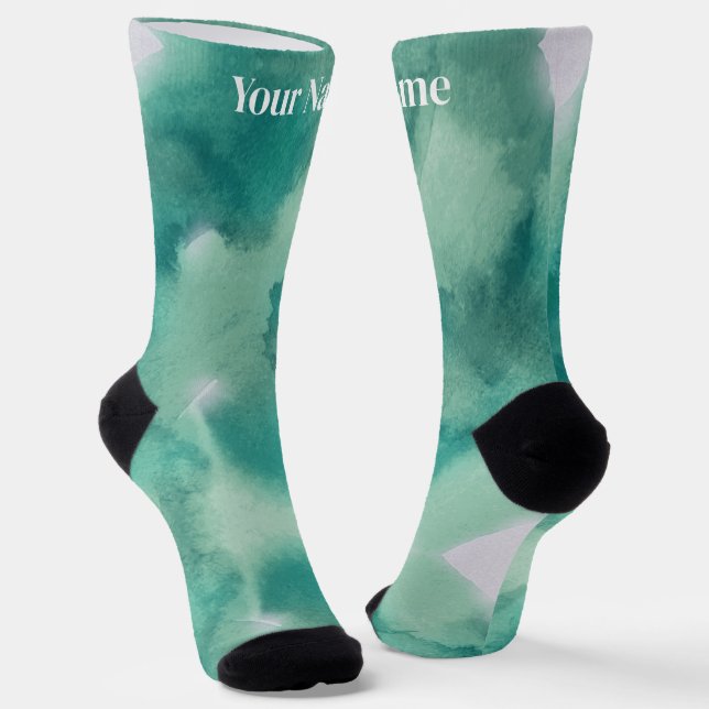 Teal Blue Green Marble | Custom Name Socks (Angled)
