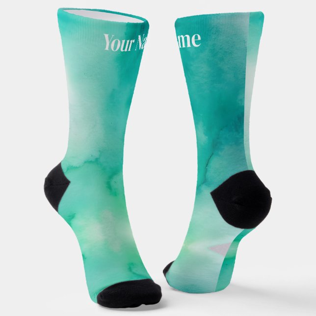 Teal Blue Green Marble | Custom Name Socks (Angled)