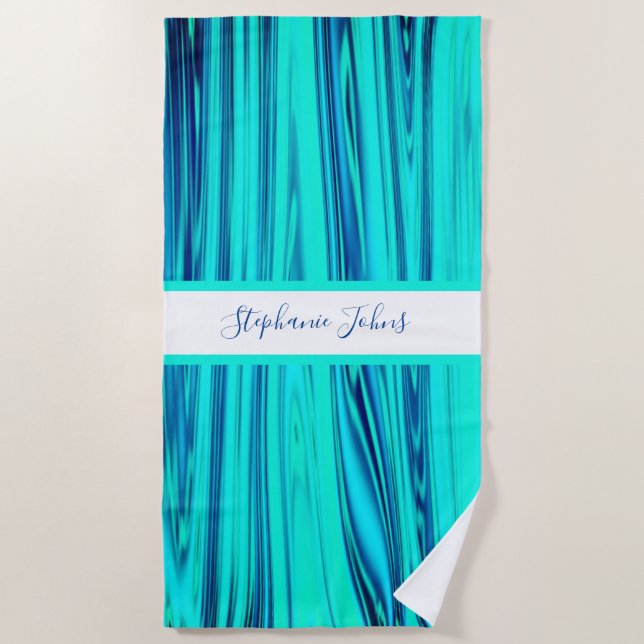 Teal Blue Green Ocean Wave Abstract Monograms Cool Beach Towel (Front)