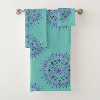Teal Blue Green Painted Mandala Bath Towel Set