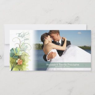 Teal blue green + peach floral wedding thank you card