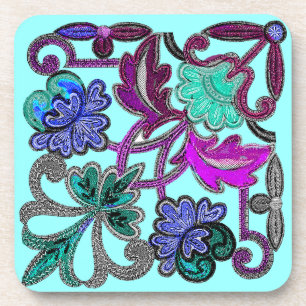 TEAL BLUE GREEN PURPLE LACE FLOWERS COASTER