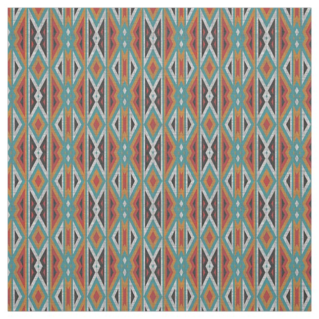 Teal Blue Green Red Terra Cotta Tribal Art Pattern Fabric (Swatch)