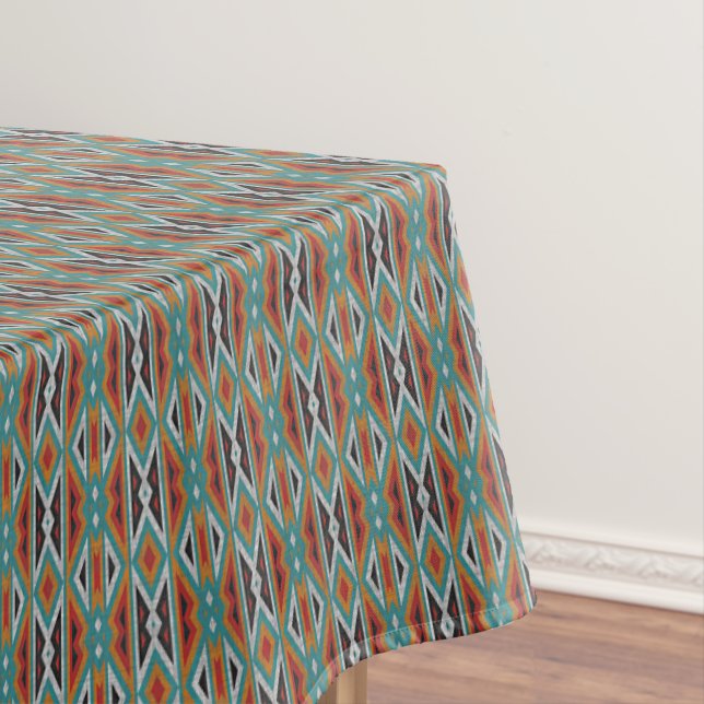 Teal Blue Green Red Terra Cotta Tribal Art Pattern Tablecloth (In Situ)