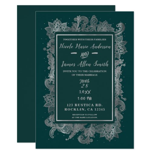 Image of Teal Blue Green & Silver Elegant Floral Wedding Invitation