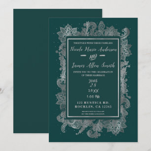 Teal Blue Green & Silver Elegant Floral Wedding Invitation