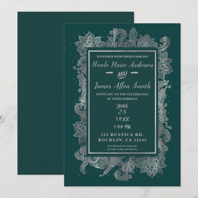 Teal Blue Green & Silver Elegant Floral Wedding Invitation (Front/Back)